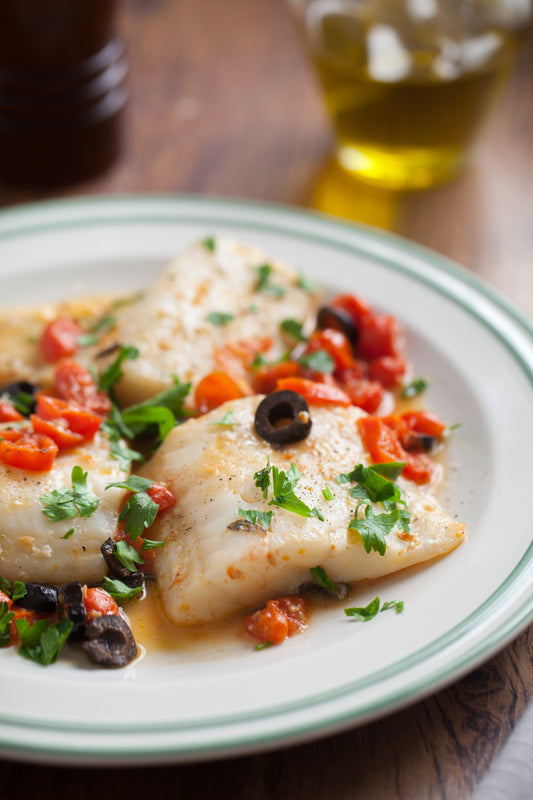 Cod with Cherry Tomato and Olive Sauce