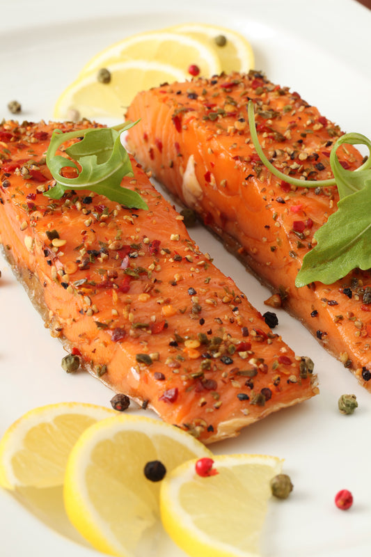Pepper-Crusted Salmon with Sweet Potato Wedges